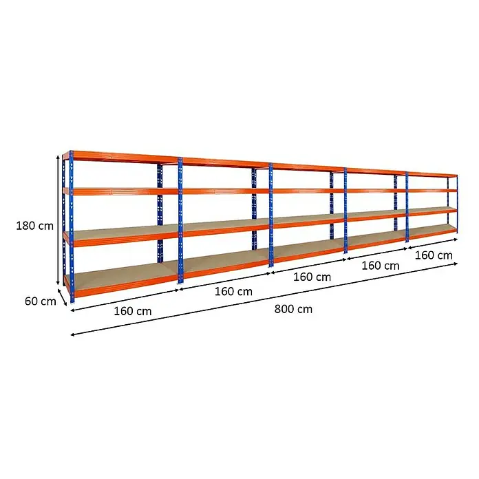 Proregal Schwerlastregal Mega Deal Profi RHINO - Traglast pro Boden: 500 kg, Anzahl Böden: 4 Stk., Stecken, Blau-Orange - Regal mit vier Ebenen, 180 cm hoch und 800 cm lang, ideal für Lagerung und Organisation in Werkstatt oder Lagerraum.