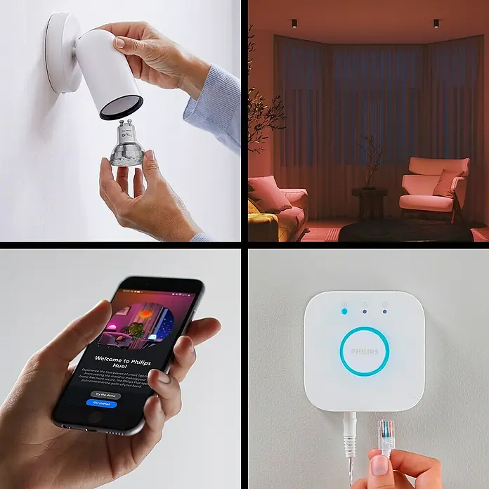 Philips Hue Smart-LED-Lampe Set Essential mit Dimmcontroller, Steuerzentrale - GU10, Dimmbar, RGBW, 345 lm, 4,7 W, 3 Stk. - Das Philips Hue System mit Lampe, App und Bridge für smarte Beleuchtung im ganzen Haus.