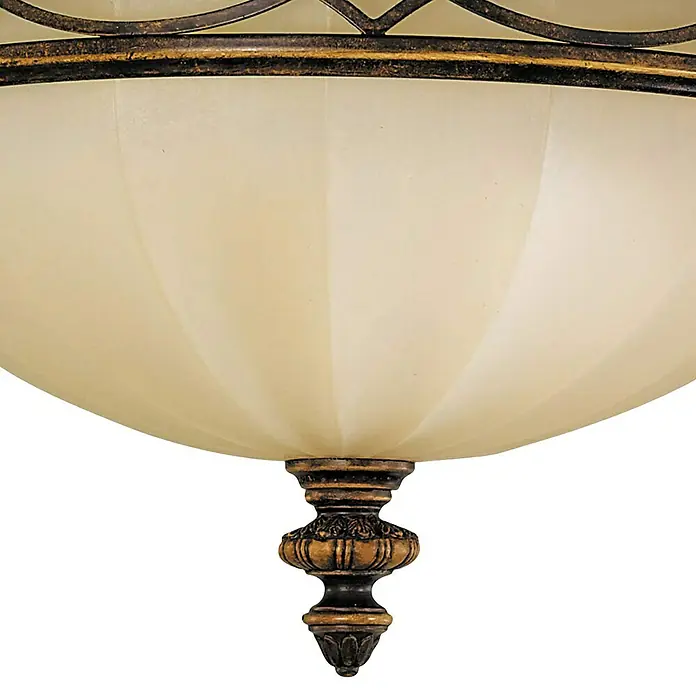 Elstead Deckenleuchte Drawing Room - 60 W, L x B x H: 35,6 x 35,6 x 22,9 cm, Walnuss, E27 - Detailaufnahme einer eleganten Deckenleuchte mit einem cremefarbenen Lampenschirm und dekorativen Metallelementen. Schafft ein warmes Licht.