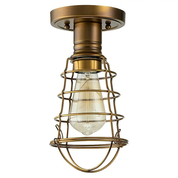 Elstead Deckenleuchte Mixon - 60 W, Ø x H: 14 x 27,1 cm, Messing Antik, E27 - Nahaufnahme einer Deckenleuchte im industriellen Stil mit Metallkäfig und Edison-Glühbirne für eine rustikale Atmosphäre.