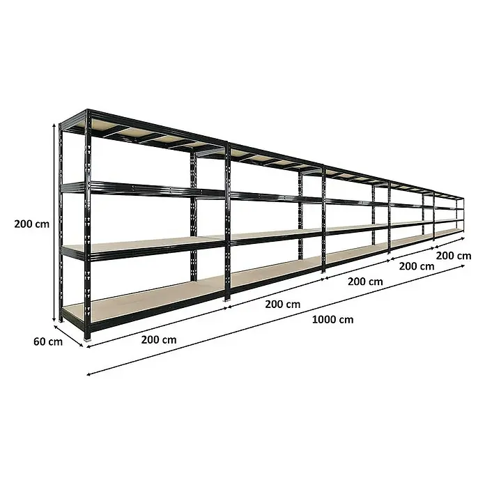 Proregal Schwerlastregal Mega Deal Profi RHINO - Traglast pro Boden: 500 kg, Anzahl Böden: 4 Stk., Stecken, Schwarz - Regal mit vier Ebenen und Größenangaben.