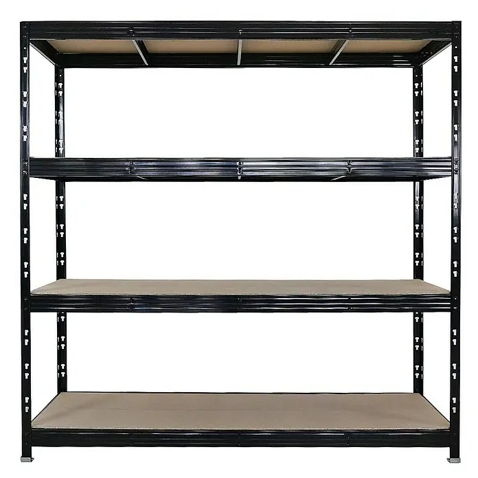 Proregal Schwerlastregal Mega Deal Profi RHINO - Traglast pro Boden: 500 kg, Anzahl Böden: 4 Stk., Stecken, Schwarz - Schwarzes Metallregal mit vier Regalböden zur Aufbewahrung von Gegenständen in Garage oder Lager.
