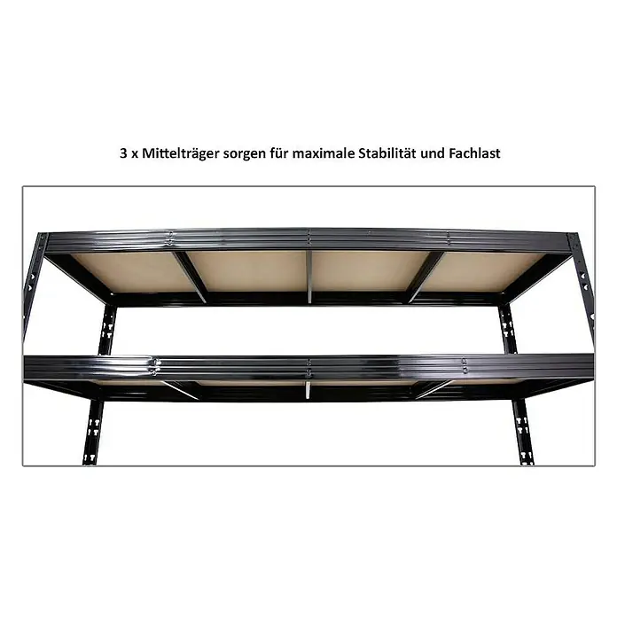 Proregal Schwerlastregal Mega Deal Profi RHINO - Traglast pro Boden: 500 kg, Anzahl Böden: 4 Stk., Stecken, Schwarz - Das Schwerlastregal mit drei Mittelträgern sorgt für maximale Stabilität und Fachlast im Lager oder Werkstatt.