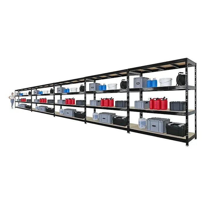 Proregal Schwerlastregal Mega Deal Profi RHINO - Traglast pro Boden: 500 kg, Anzahl Böden: 4 Stk., Stecken, Schwarz - Schwerlastregal mit vier Ebenen, beladen mit diversen Behältern in Grau, Rot und Blau, bietet viel Stauraum.