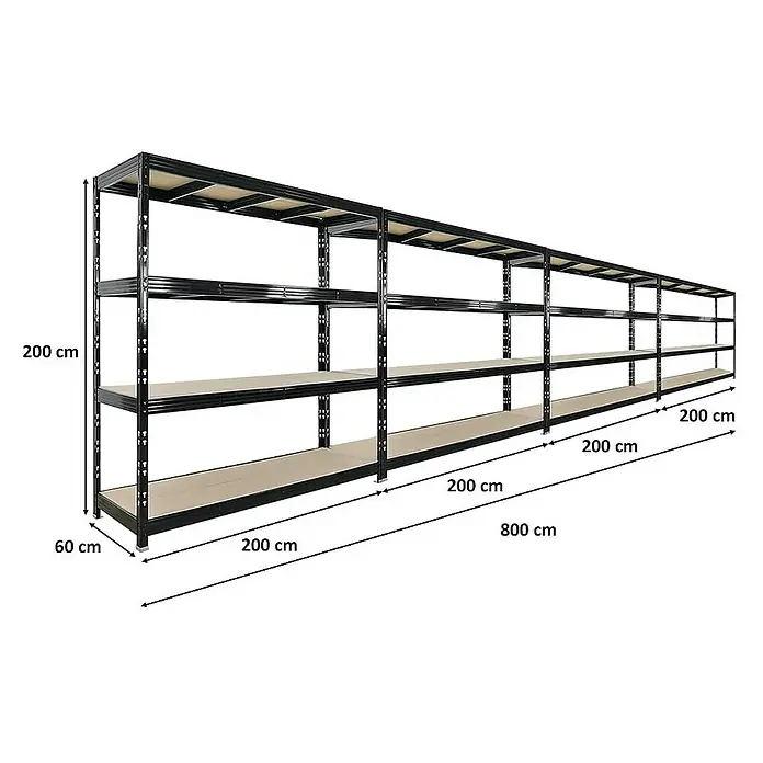 Proregal Schwerlastregal Mega Deal Profi RHINO - Traglast pro Boden: 500 kg, Anzahl Böden: 4 Stk., Stecken, Schwarz - Bild eines schwarzen Metallregals mit hölzernen Regalböden und Maßangaben für Höhe, Breite und Tiefe.