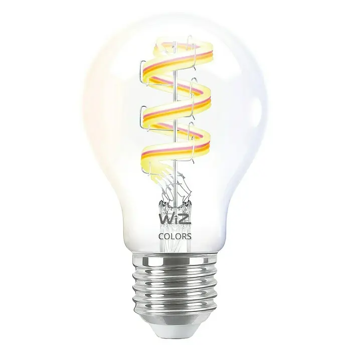 Philips Wiz Smart-LED-Lampe - E27, Dimmbar, RGBW, 470 lm, 6,3 W, 1 Stk., A60 - Smart LED-Lampe von WiZ mit spiralförmigem Glühfaden und verschiedenen Farboptionen für eine stimmungsvolle Beleuchtung.