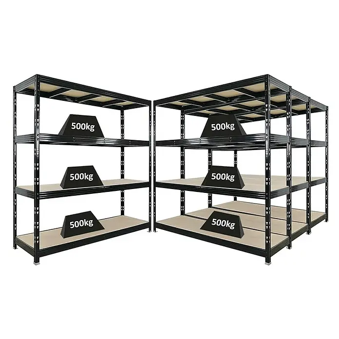 Proregal Schwerlastregal Mega Deal Profi RHINO - Traglast pro Boden: 500 kg, Anzahl Böden: 4 Stk., Stecken, Schwarz - Schwarzes Schwerlastregal mit Holzböden, auf denen jeweils 500 kg schwere, schwarze Pyramiden stehen. Ideal für Lagerung und Ordnung.