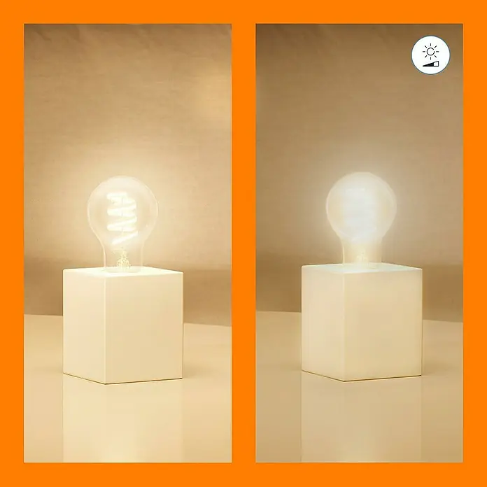 Philips Wiz Smart-LED-Lampe - E27, Dimmbar, RGBW, 470 lm, 6,3 W, 1 Stk., A60 - Tischleuchte mit hellem, warmweißem Licht, mit zwei verschiedenen Glühbirnen dargestellt. Modernes Design für gemütliche Atmosphäre.