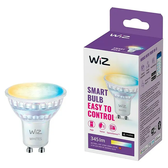 Philips Wiz Smart-LED-Lampe - GU10, Dimmbar, Mehrfarbig, 400 lm, 5 W, 1 Stk. - Wiz Smart Bulb: Die smarte LED-Lampe mit einfacher Steuerung für individuelle Lichtatmosphäre und Energieeffizienz.