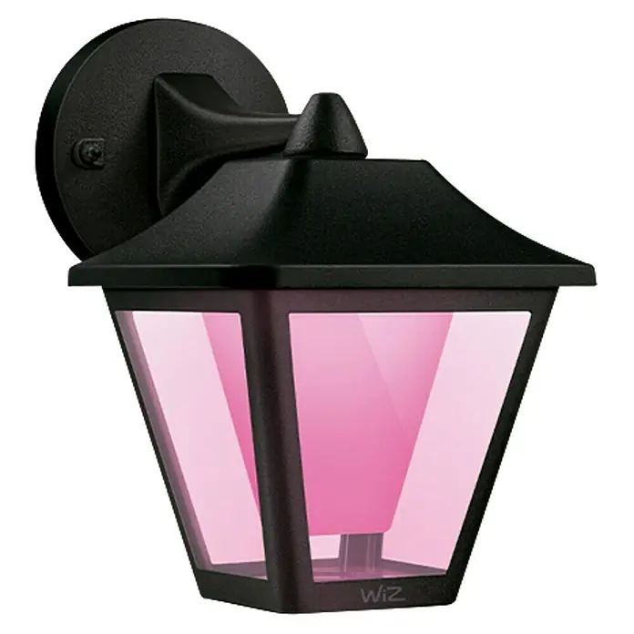 WiZ LED-Außenleuchte Classic - 9,5 W, 22,7 x 17 x 22,8 cm, Schwarz, IP44 - Eine Wandleuchte mit klaren Scheiben und einer rosafarbenen LED-Beleuchtung, die eine gemütliche Atmosphäre schafft. Die Lampe ist in Schwarz gehalten.