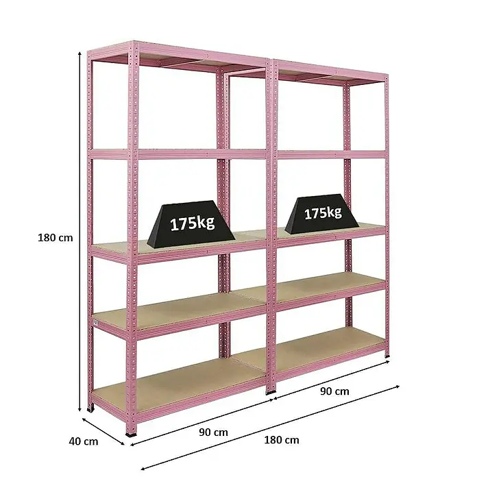 Proregal Schwerlastregal Mega Deal PINK LADY - Traglast pro Boden: 175 kg, Anzahl Böden: 5 Stk., Stecken, Rosa - Regal mit Abmessungen und Gewichtsangaben. Robustes Regal für Lagerung mit einer Höhe von 180cm und einer Breite von 90cm pro Fach.