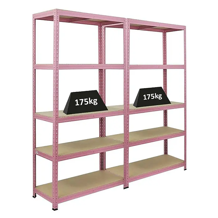 Proregal Schwerlastregal Mega Deal PINK LADY - Traglast pro Boden: 175 kg, Anzahl Böden: 5 Stk., Stecken, Rosa - Regal mit fünf Regalböden in Rosa, auf denen zwei schwarze Gewichte von je 175 kg liegen.