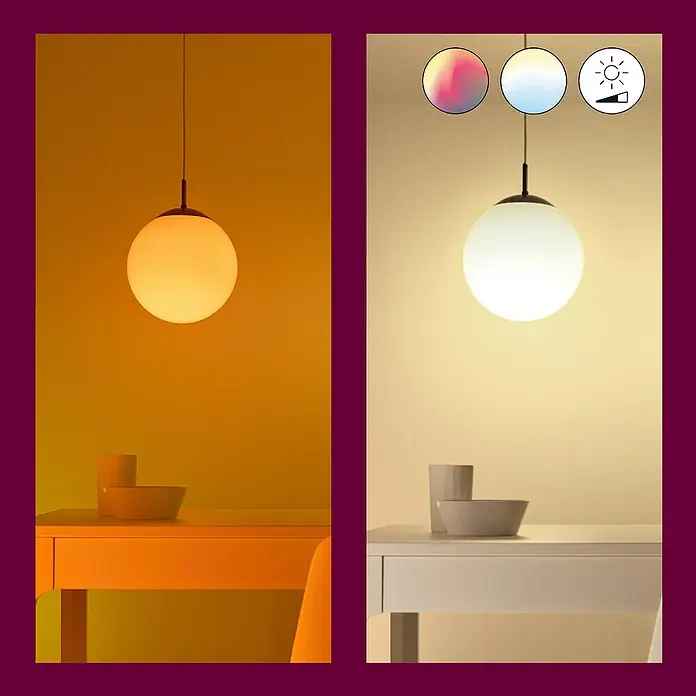 Philips Wiz Smart-LED-Lampe - E14, Dimmbar, RGBW, 470 lm, 4,9 W, 1 Stk. - Dieses Bild zeigt eine elegante Glaskugellampe mit verschiedenen Farbtemperatureinstellungen, die eine gemütliche und einladende Atmosphäre schafft.