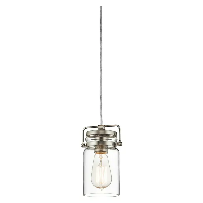 Elstead Pendelleuchte Brinley - 60 W, L x B x H: 12 x 12 x 25,6 cm, Nickel, E27 - Nahaufnahme einer hängenden Pendelleuchte mit einem Vintage-inspirierten Edison-Glühbirnen-Design, das eine warme und nostalgische Atmosphäre ausstrahlt.