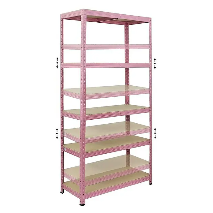 Proregal Schwerlastregal Mega Deal PINK LADY - Traglast pro Boden: 175 kg, Anzahl Böden: 5 Stk., Stecken, Rosa - Ein rosa Regal mit verstellbaren Ebenen, ideal zur Aufbewahrung und Organisation von Gegenständen. Das Regal ist robust und vielseitig.