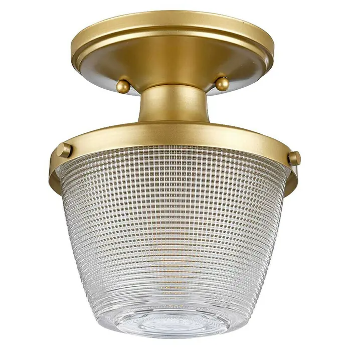 Elstead Deckenleuchte Dublin - 40 W, L x B x H: 18,2 x 18,2 x 20,5 cm, Messing, E27 - Eine goldene Deckenleuchte mit einem klaren, strukturierten Glasschirm, die ein warmes Licht ausstrahlt.