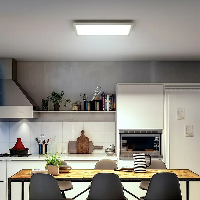 Philips Hue LED-Panel White Ambience Aurelle - 39 W, L x B x H: 60 x 60 x 4,6 cm, Weiß, Warmweiß - Helle LED-Deckenleuchte in einer modernen Küche. Das schlanke Design der Leuchte fügt sich nahtlos in die minimalistische Ästhetik des Raumes ein.