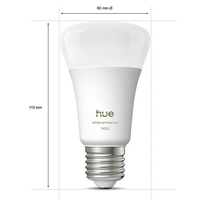 Philips Hue Smart-LED-Lampen Set White 1100 matter - E27, 8,1 W, 1.100 lm, 2 Stk. - Das Bild zeigt eine Philips Hue White Ambiance 1100 LED-Lampe mit den Maßen 60 mm Durchmesser und 110 mm Höhe.