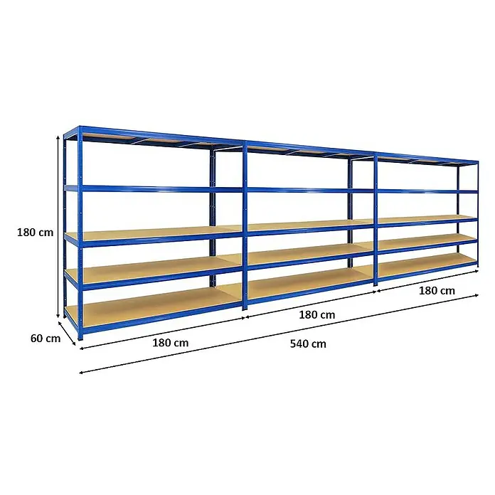 Proregal Schwerlastregal Mega Deal Giant Elephant - H x B x T: 180 x 180 x 60 cm, Traglast pro Boden: 200 kg, Anzahl Böden: 5 Stk., Stecken, Blau - Abbildung eines blauen Metallregalsystems mit mehreren Ebenen und den Maßen 180 cm hoch, 60 cm tief und 540 cm breit.