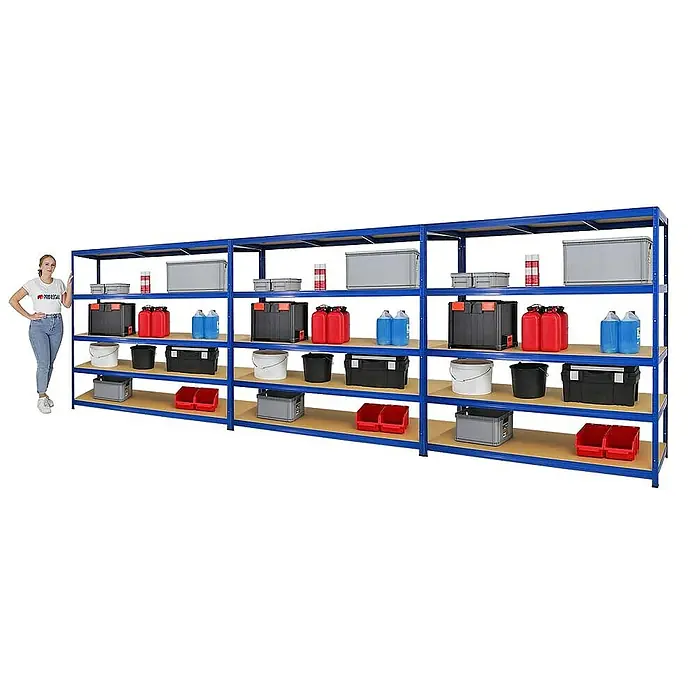 Proregal Schwerlastregal Mega Deal Giant Elephant - H x B x T: 180 x 180 x 60 cm, Traglast pro Boden: 200 kg, Anzahl Böden: 5 Stk., Stecken, Blau - Abbildung eines blauen Schwerlastregals mit diversen Behältern und einer Frau zur Größenorientierung.