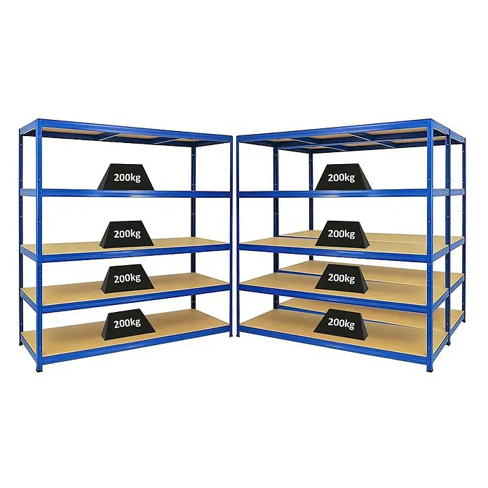 Proregal Schwerlastregal Mega Deal Giant Elephant - H x B x T: 180 x 180 x 60 cm, Traglast pro Boden: 200 kg, Anzahl Böden: 5 Stk., Stecken, Blau - Zwei blaue Schwerlastregale mit je vier Regalböden, auf denen jeweils 200 kg schwere Gewichte liegen.