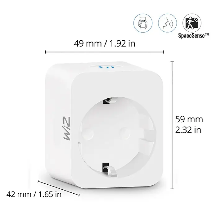 Philips Wiz Smart-Steckdose - Innen, IP20, Weiß, 1 Stk. - Produktabbildung des intelligenten WiZ-Steckers mit Größenangaben.