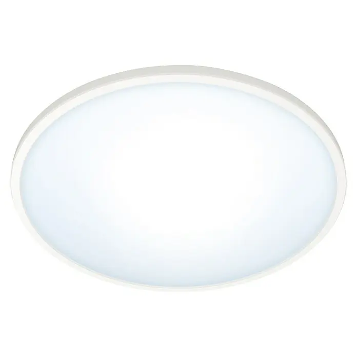 Philips Wiz LED-Deckenleuchte rund Tunable White SuperSlim - 14 W, Ø x H: 24,2 x 2,3 cm, Farbe Gehäuse: Weiß, Kaltweiß - Nahaufnahme einer runden, weißen LED-Deckenleuchte, die ein helles, diffuses Licht ausstrahlt und sich ideal für moderne Innenräume eignet.