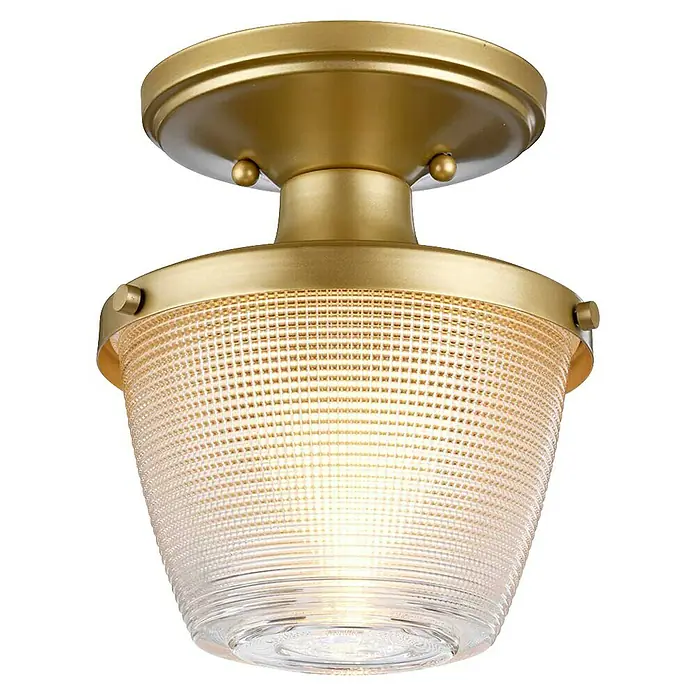 Elstead Deckenleuchte Dublin - 40 W, L x B x H: 18,2 x 18,2 x 20,5 cm, Messing, E27 - Nahaufnahme einer goldenen Deckenleuchte mit einem gemusterten Glasschirm, die ein warmes Licht ausstrahlt und einen eleganten Akzent setzt.