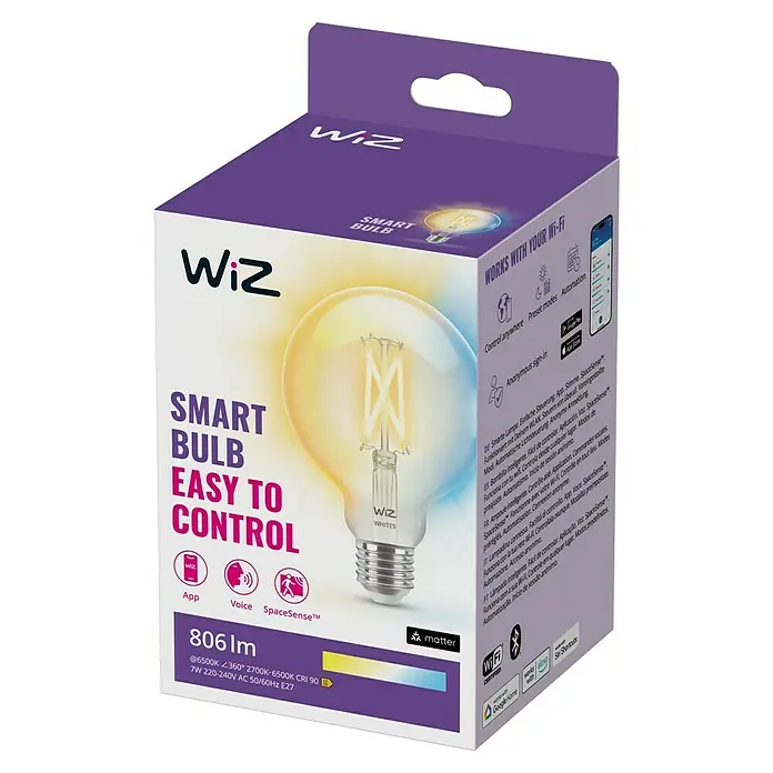 Philips Wiz Smart-LED-Lampe - E27, Dimmbar, Mehrfarbig, 806 lm, 6,7 W, G95 - Das Bild zeigt die Verpackung einer intelligenten Wiz-Glühbirne, die einfach zu steuern ist und über WLAN funktioniert.