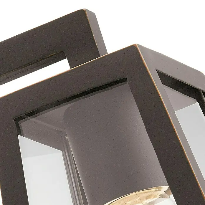 Elstead Außenwandleuchte Delison - 60 W, 20,2 x 29 x 29 cm, Schwarz, IP44 - Detailaufnahme einer stilvollen, bronzefarbenen Außenleuchte mit klaren Linien und modernem Design. Perfekt für die Fassadenbeleuchtung.