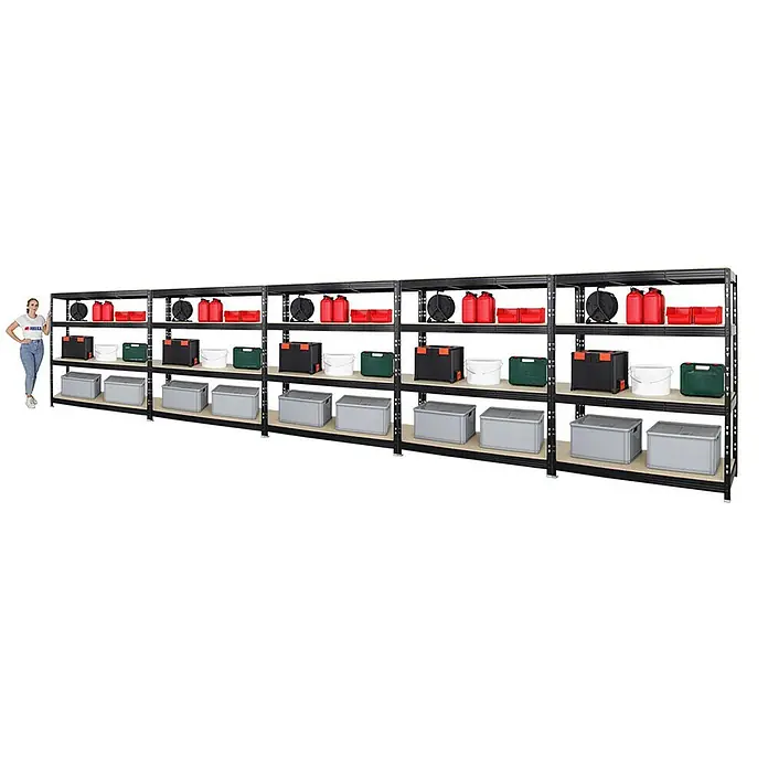 Proregal Schwerlastregal Mega Deal Profi RHINO - H x B x T: 180 x 160 x 60 cm, Traglast pro Boden: 500 kg, Anzahl Böden: 4 Stk., Stecken, Schwarz - Das Bild zeigt ein langes Schwerlastregal mit diversen Behältern und Boxen, ideal für Lagerung und Organisation.