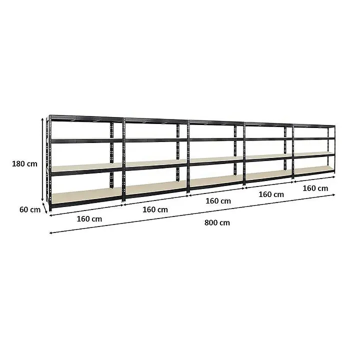 Proregal Schwerlastregal Mega Deal Profi RHINO - H x B x T: 180 x 160 x 60 cm, Traglast pro Boden: 500 kg, Anzahl Böden: 4 Stk., Stecken, Schwarz - Ansicht eines langen, modularen Schwerlastregalsystems aus Metall mit mehreren Ebenen und präzisen Maßangaben.