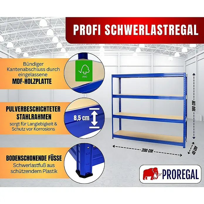 Proregal Schwerlastregal DINO - H x B x T: 180 x 200 x 45 cm, Traglast pro Boden: 500 kg, Anzahl Böden: 4 Stk., Stecken, Blau - Abbildung eines blauen Profi Schwerlastregals mit vier Böden und den Maßen 180x200x45 cm.