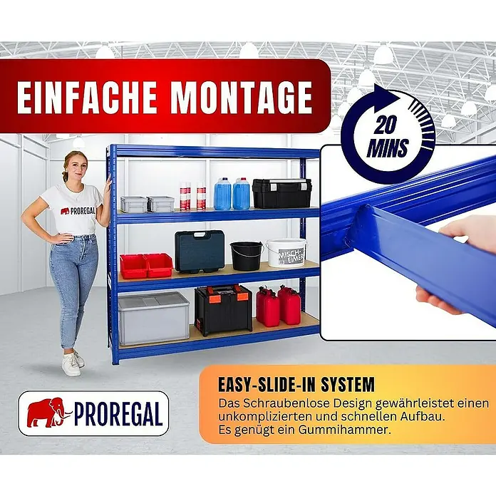Proregal Schwerlastregal DINO - H x B x T: 180 x 200 x 45 cm, Traglast pro Boden: 500 kg, Anzahl Böden: 4 Stk., Stecken, Blau - Das Proregal Schwerlastregal mit einfacher Montage und Easy-Slide-In System. Ideal für Werkstatt, Keller oder Garage.