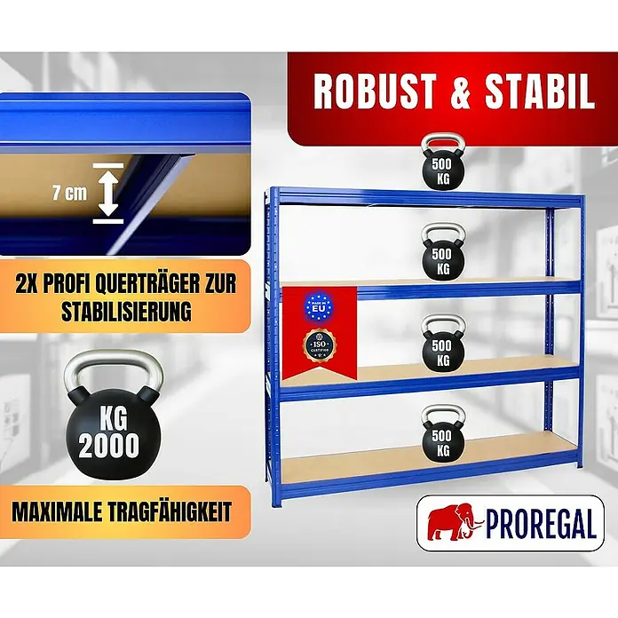Proregal Schwerlastregal DINO - H x B x T: 180 x 200 x 45 cm, Traglast pro Boden: 500 kg, Anzahl Böden: 4 Stk., Stecken, Blau - Robustes, blaues Proregal-Regalsystem mit vier Ebenen und hoher Tragkraft, ideal für Lagerung und Organisation.