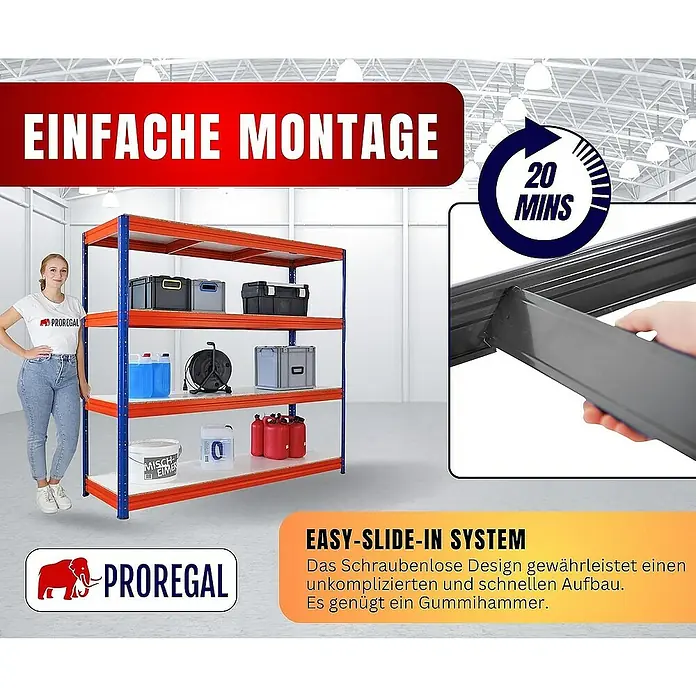 Proregal Schwerlastregal DINO - Traglast pro Boden: 500 kg, Anzahl Böden: 4 Stk., Stecken, Blau-Orange - Das Bild zeigt ein Proregal-Lagersystem mit einfacher Montage und Easy-Slide-In System, das einen schnellen Aufbau ermöglicht.