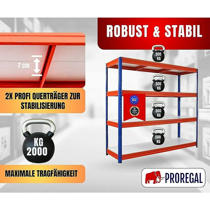 Proregal Schwerlastregal DINO - Traglast pro Boden: 500 kg, Anzahl Böden: 4 Stk., Stecken, Blau-Orange - Produktbild eines robusten und stabilen Lagerregals mit vier Ebenen, das eine maximale Tragfähigkeit von 2000 kg bietet.