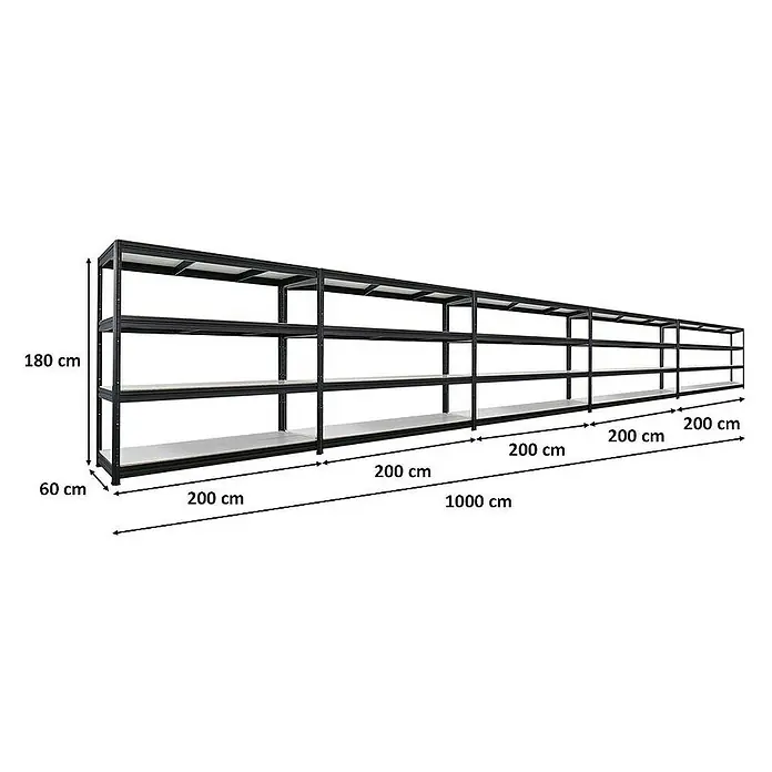 Proregal Schwerlastregal Mega Deal DINO - H x B x T: 180 x 200 x 60 cm, Traglast pro Boden: 500 kg, Anzahl Böden: 4 Stk., Stecken, Schwarz - Abbildung eines langen, schwarzen Metallregals mit vier Ebenen und Größenangaben.