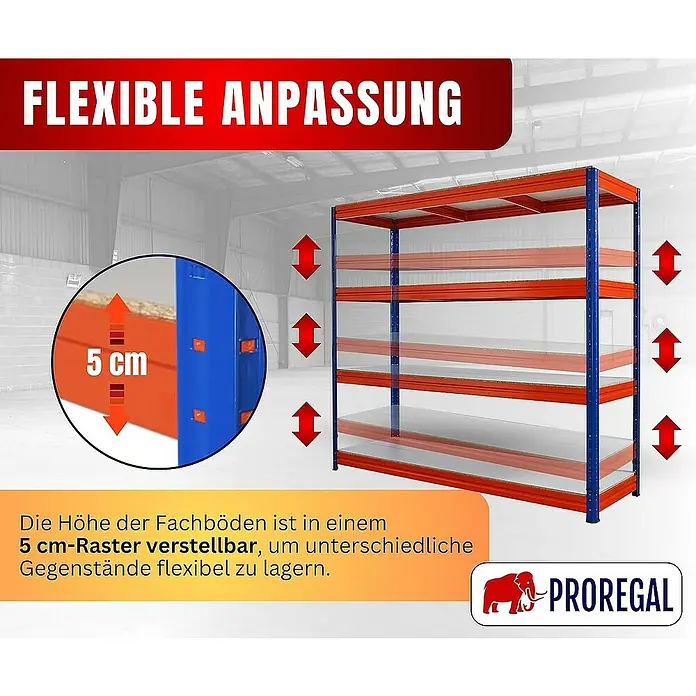 Proregal Schwerlastregal DINO - Traglast pro Boden: 500 kg, Anzahl Böden: 4 Stk., Stecken, Blau-Orange - Produktbild eines flexiblen Lagerregals mit verstellbaren Fachböden im 5 cm-Raster für flexible Lagerung verschiedener Gegenstände.