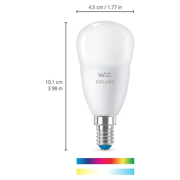 Philips Wiz Smart-LED-Lampe - E14, Dimmbar, RGBW, 470 lm, 4,9 W, 1 Stk. - Abmessungen der WiZ Colors E14 LED-Lampe mit einer Höhe von 10,1 cm und einer Breite von 4,5 cm.