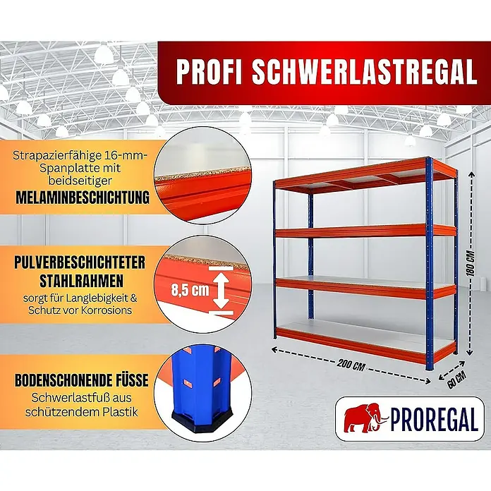 Proregal Schwerlastregal DINO - Traglast pro Boden: 500 kg, Anzahl Böden: 4 Stk., Stecken, Blau-Orange - Schwerlastregal mit 4 Regalböden, orangefarbenen Rahmen und blauen Eckverbindungen, ideal für Lager und Werkstatt.