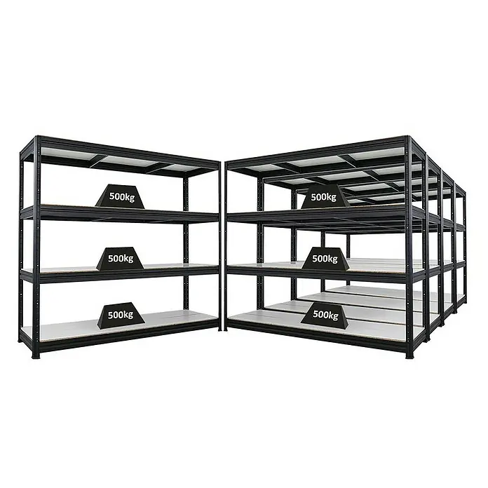 Proregal Schwerlastregal Mega Deal DINO - H x B x T: 180 x 200 x 60 cm, Traglast pro Boden: 500 kg, Anzahl Böden: 4 Stk., Stecken, Schwarz - Regalsysteme mit vier Ebenen, die jeweils mit 500 kg belastet sind, ideal für Lagerhaltung und schwere Lasten.