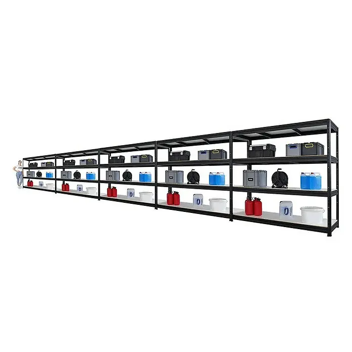 Proregal Schwerlastregal Mega Deal DINO - H x B x T: 180 x 200 x 60 cm, Traglast pro Boden: 500 kg, Anzahl Böden: 4 Stk., Stecken, Schwarz - Schwarzes Metallregal mit mehreren Regalen, gefüllt mit Aufbewahrungsbehältern und einer Person, die daneben steht.