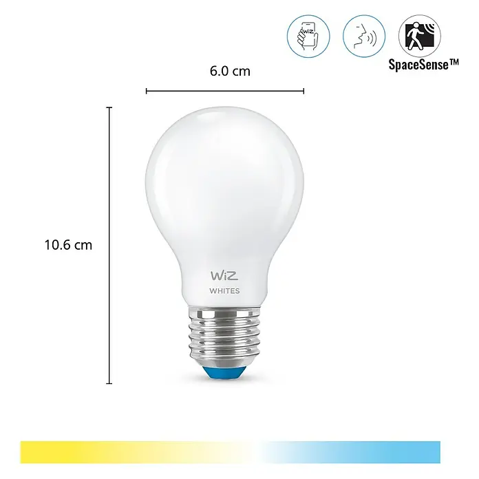 Philips Wiz Smart-LED-Lampe - E27, Dimmbar, Mehrfarbig, 806 lm, 7 W, 1 Stk. - Abbildung einer WiZ Whites Glühbirne mit den Maßen 10,6 cm Höhe und 6,0 cm Durchmesser.