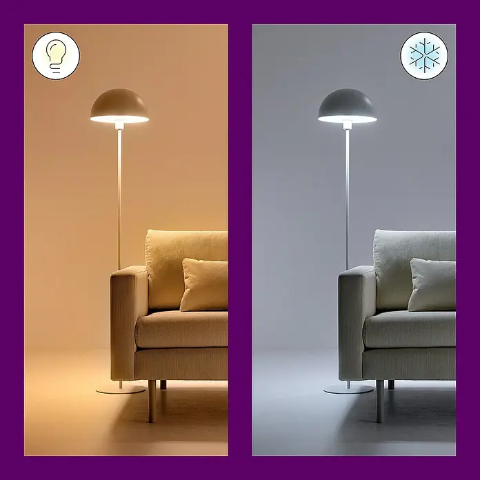 Philips Wiz Smart-LED-Lampe - E27, Dimmbar, RGBW, 18,5 W, 1 Stk. - Stehleuchte mit zwei verschiedenen Lichtfarben, warmweiß und kaltweiß, neben einem beigefarbenen Sofa.