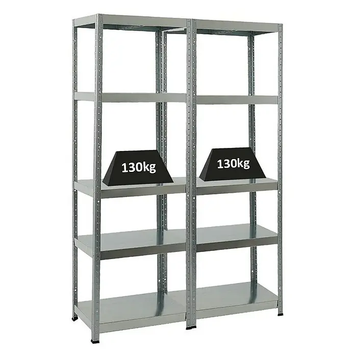 Proregal Metallregal Mega Deal Steel Eagle - Traglast pro Boden: 130 kg, Anzahl Böden: 5 Stk., Stecken, Verzinkt - Zwei graue Metallregale, von denen jedes mit einem schwarzen Gewicht von 130 kg belastet ist. Stabile Lagerung für schwere Lasten.
