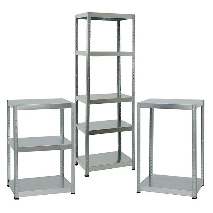 Proregal Metallregal Mega Deal Steel Eagle - Traglast pro Boden: 130 kg, Anzahl Böden: 5 Stk., Stecken, Verzinkt - Bild von drei robusten, grauen Metallregalen unterschiedlicher Größe für Lagerung und Organisation.