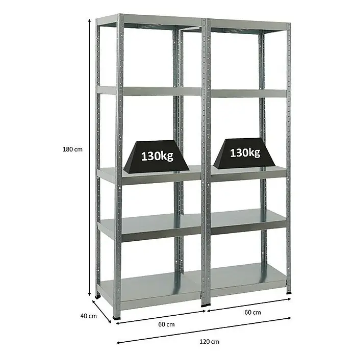 Proregal Metallregal Mega Deal Steel Eagle - Traglast pro Boden: 130 kg, Anzahl Böden: 5 Stk., Stecken, Verzinkt - Bild eines grauen Metallregals mit fünf Ebenen, das mit Gewichten von 130 kg belastet ist und dessen Maße angegeben sind.
