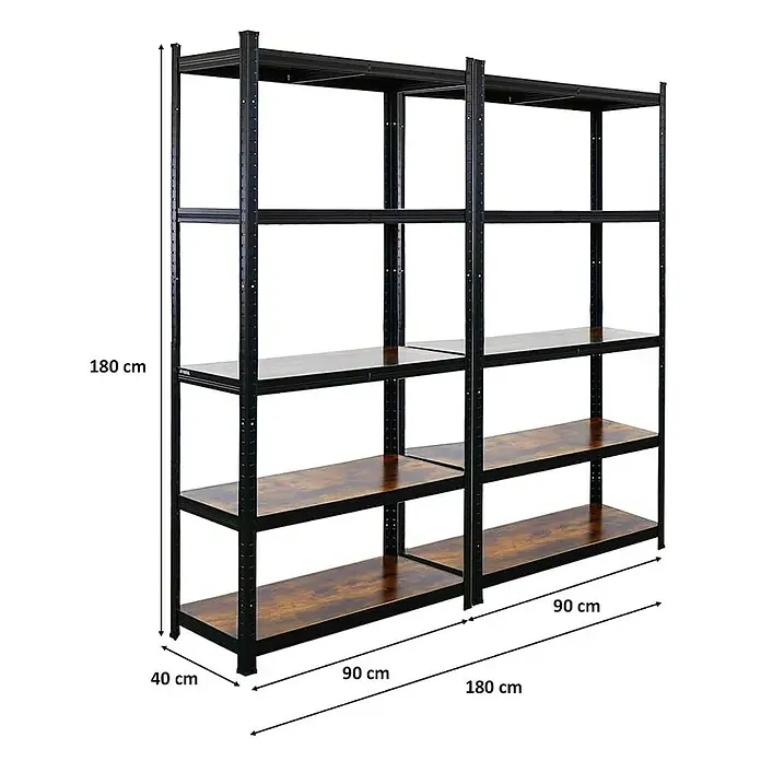 Proregal Metallregal Mega Deal All Black Series Ragnar - Traglast pro Boden: 100 kg, Anzahl Böden: 5 Stk., Stecken, Schwarz - Bild eines Regalsystems mit den Maßen 180x180x40 cm, ideal für Lagerung.