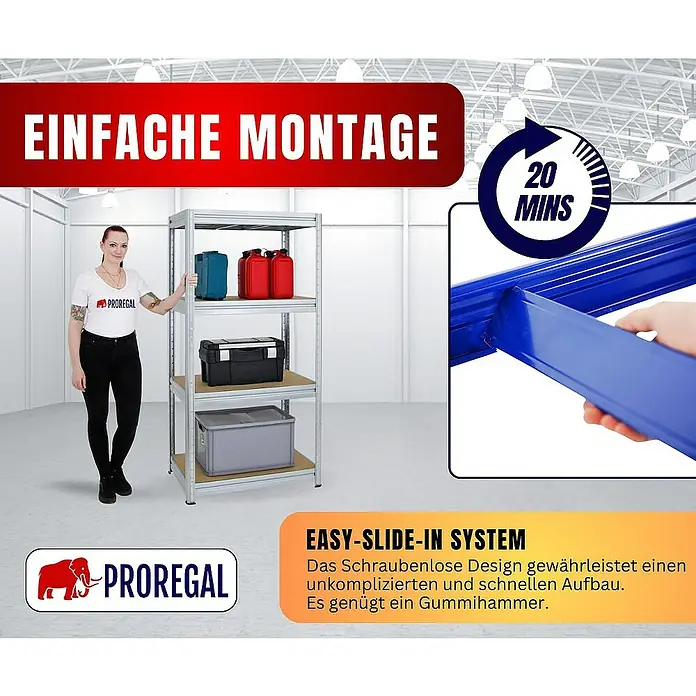 Proregal Schwerlastregal DINO - H x B x T: 180 x 90 x 60 cm, Traglast pro Boden: 600 kg, Anzahl Böden: 4 Stk., Stecken, Verzinkt - Einfache Montage des PROREGAL Regalsystems mit schneller Aufbauzeit. Schraubenloses Design für unkomplizierte Montage.